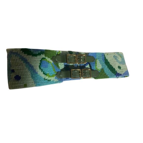Needlepoint Blue Green Pattern Belt Waist Sz 24”-27” - Picture 1 of 7